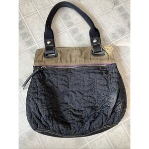 Fossil Key Per Purse Quilted Black Nylon Leather Tote Shoulder Bag Large‎